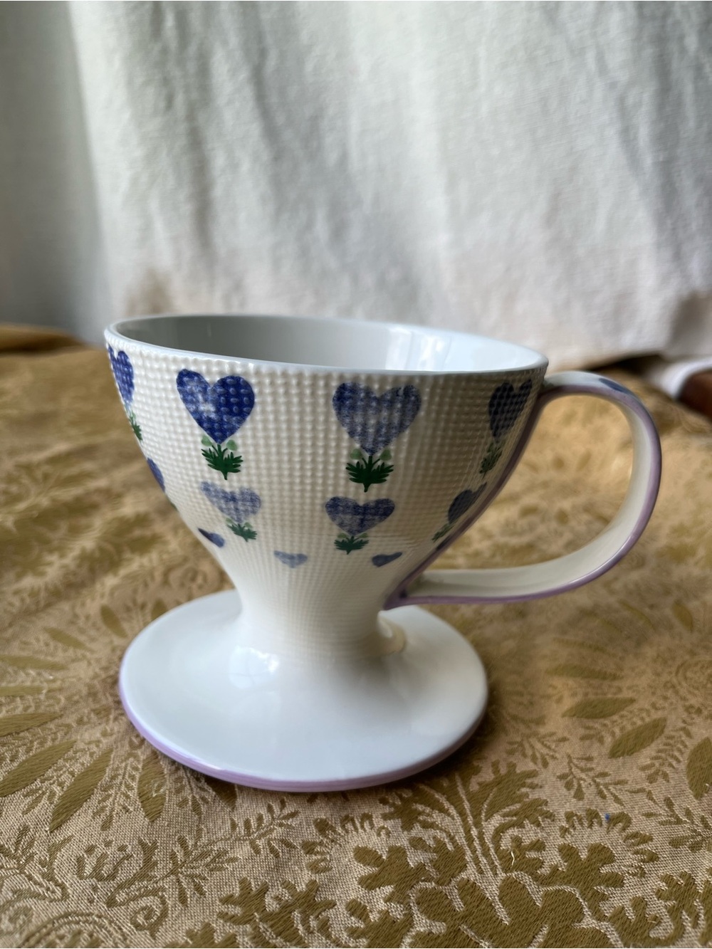 Anthropologie Annie Stoneware Coffee Pourover - Blue Heart / Lavender Trim